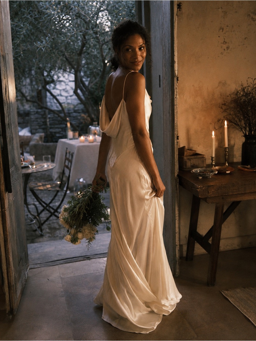 Vintage Carmen Marc Valvo Ivory Satin Cowl Back Bridal Evening Maxi Gown Size 8 - Picture 9 of 9